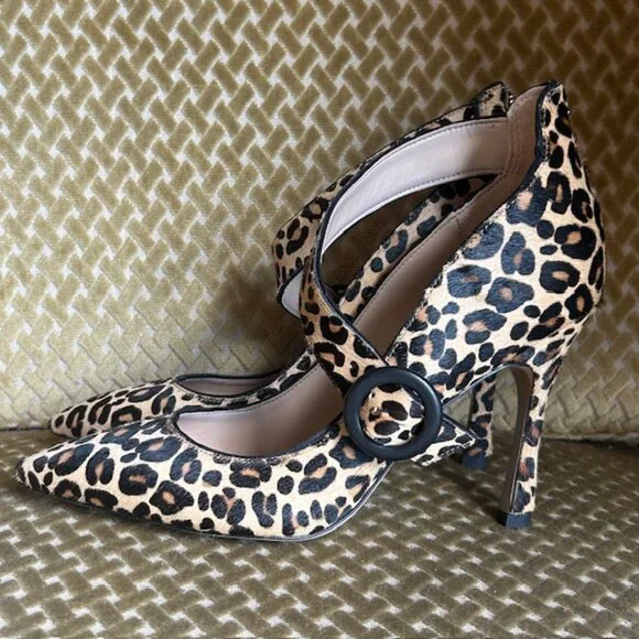 Sam Edelman Nude Leopard Print Cow Fur Hinda Jewel Buckle Strap Pumps NEW - Picture 5 of 16